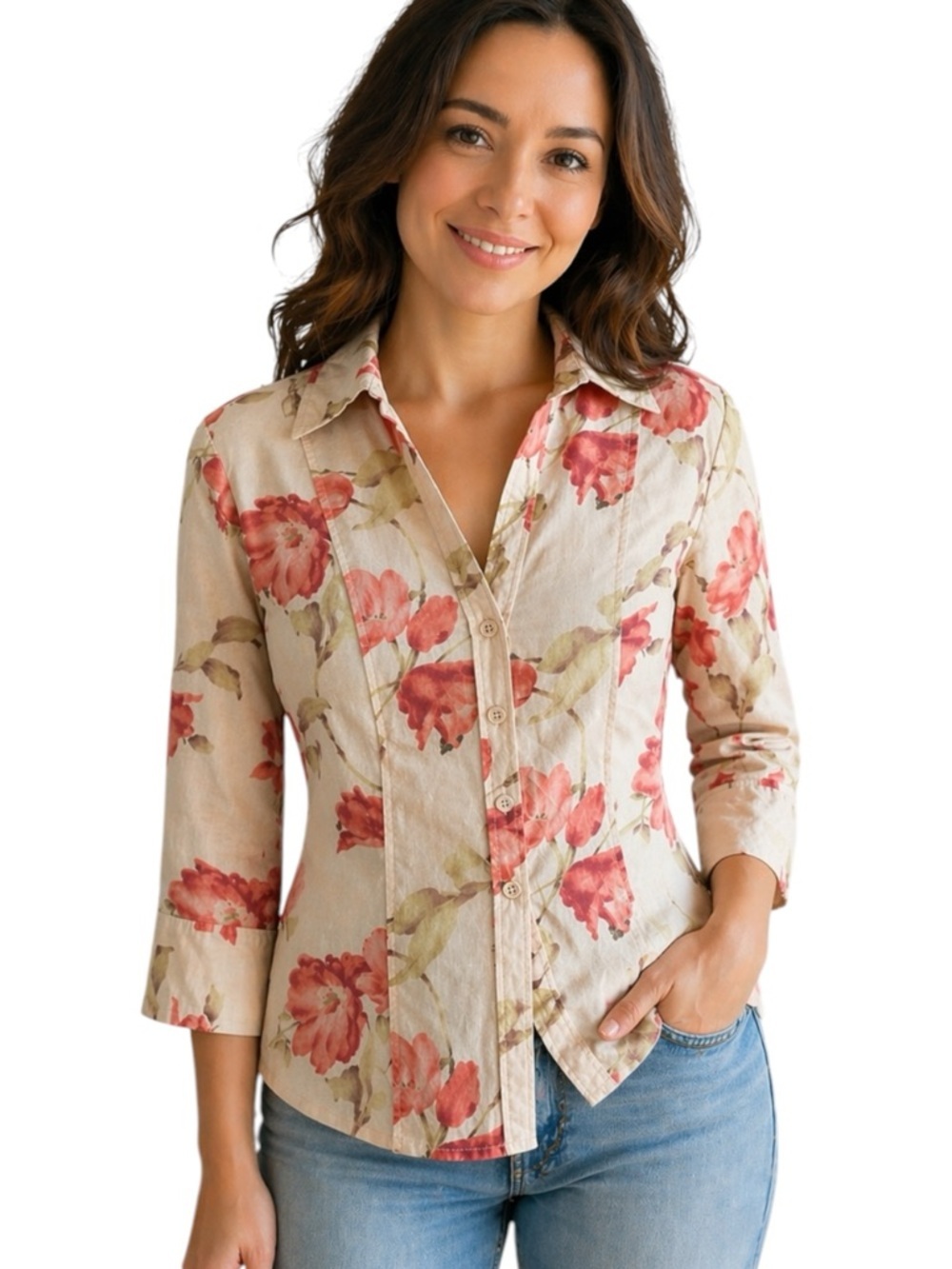Harve Benard | Peachy Button-Down Shirt with Coral Floral Print Sz L EUC